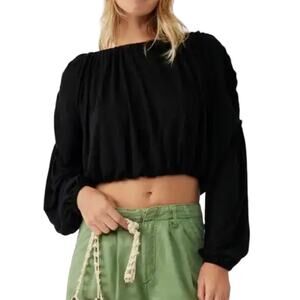 Free People Black In a Dream Boho Cropped Blouse with Balloon Sleeves NWOT M
